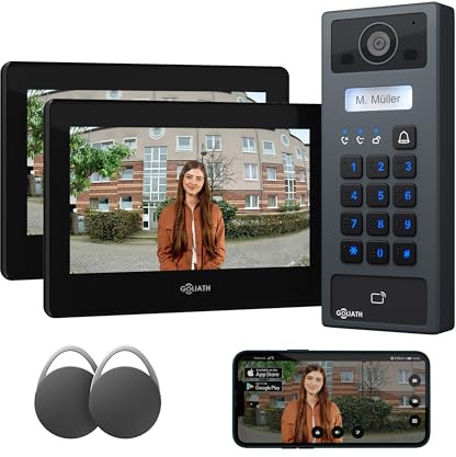 GOLIATH Basic 2-Draht Bus Video-Türsprechanlage, Full-HD, App-Steuerung, 2X 7 Zoll Monitore in Schwarz, RFID & Keypad, 1-Familienhaus, Aufputz, AV-BLS-K-02S