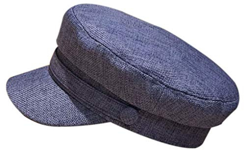 Cotton Linen Sailor Captain Caps Retro Breton Beret Cap Flat Top Newsboy Fisherman Hat Unisex, Deep Denim Blue, Style 2
