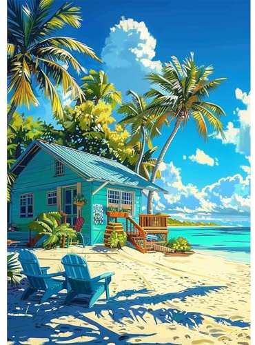 NEWENMO Casa de Playa Azul Diamond Painting Kit para Adultos,DIY Palmeras Pintura de Diamante Set,5D Sillas Mecedoras Diamond Art Kit,Bricolaje Dibujo de Diamantes,para Decoración Hogar(30x40cm)