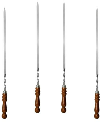 4 st. Set BBQ Edelstahlspieß mit Holzgriff 70 cm lang 1,2cm breit 3mm Stark Grillspieße Schaschlikspieße Barbecuespieß Extra Stark Edelstahl Schampura für Fleisch, Gemüse, Pilze, Kebab Rouladenspieße