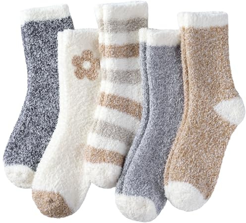 Blu Ninfee Termiska fluffiga sängstrumpor för kvinnor, varma mysiga strumpor för damer, Grå kaki-serie, 36-42 EU