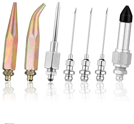 Lyreh 7stk Fettpresse Zubehör Set, Einschließlich 3 Fettpressendüsen Gebogener und Gerader Nippeldüse Gumminippeladapter Nadelspender Geeignet für Enge Räume
