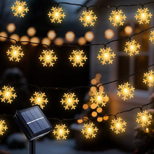 Qoosea Solar Lichterkette Aussen, 12m 100LEDs Schneeflocke Lichterketten Wasserdichte, 8 Modi Solarlichterkette Außen für Garten, Balkon Deko Bäume Terrasse Weihnachten Hochzeiten Partys -Warmweiß