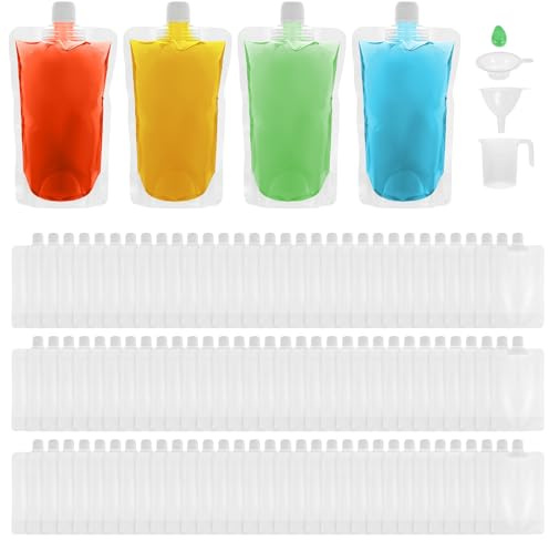 100Pcs Reusable Water Bags with Caps and Funnel, Squeeze Pouches Food Pouches Refillable, Plastic Liquid Drink Pouch, Lightweight, Portable, Versatile, for Parties, Picnic