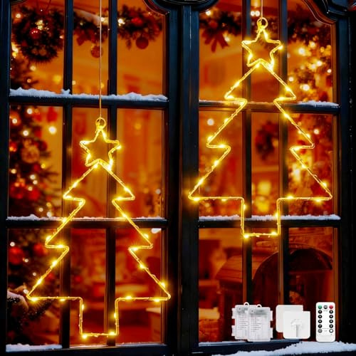 Lypumso Luces Árbol de Navidad, 2 Piezas 45 LED Cortina de Luces a Pilas, Luz Colgantes Ventana Navidad 8 Modos, Temporizador IP44, para Decoracion Navideña Interior Exterior, Ventana, Balcón, Fiesta