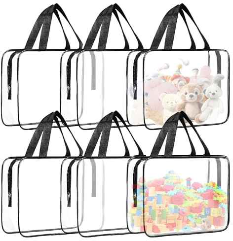 6Pcs Toy Storage Bags, Clear Storage Bags with Handle and Zips, 11.8 * 8.6 * 3.9inch PVC Waterproof Organizing Bags for Puzzles Board Games Building Blocks(Black)