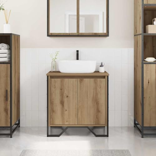 Armadietto per lavabo Artisan, in legno di rovere, 60 x 35 x 60 cm, mobile da bagno con 2 ante, compatto per lavabo, design rustico, facile da montare