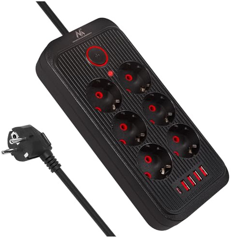 Maclean MCE389/391 grenuttag | 6 kontakter 4 x USB 1 x USB-C 2500 W | Skrivbordsförlängningskabel med strömbrytare | 45°-portar | Väggmontering (svart, 3 m)