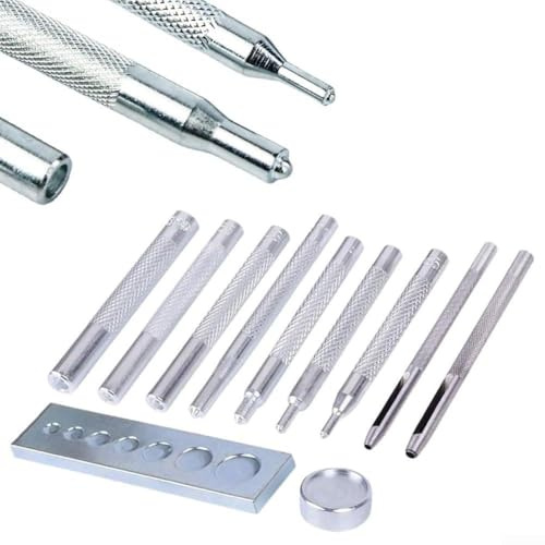 Solaughguy Juego de 11 perforadores para manualidades de cuero con base de troquel 7 en 1 y perforadores huecos, kit de herramientas de remache y botón a presión para cinturones de cuero y