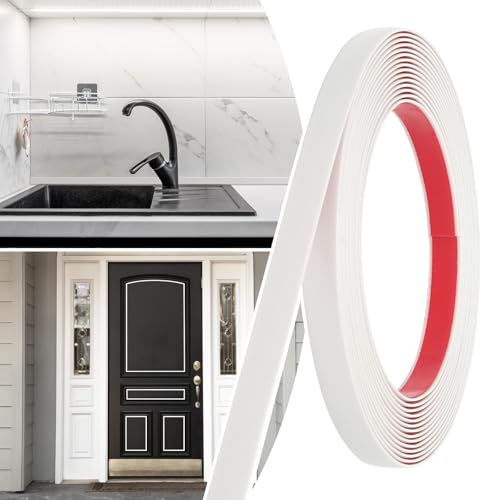 JSIWOTH 20FT x 1/2in Peel and Stick Edge Trim, Flexible Plastic Molding Trim for Mirror, Tile Border, Wall Decorative Strip, Self Adhesive Backsplash Trim, White