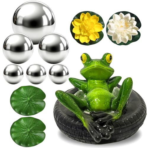 yivom Mini kit de décoration d'étang avec grenouille flottante, 5 boules flottantes argentées et 2 fleurs de lotus – Décoration pour mini étang, bassin de terrasse, baignoire en zinc, fontaine solaire