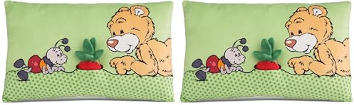 NICI Kuschelkissen Bär Milo mit 2-D Radieschen 43 x 25cm, Weiches Plüsch, Flauschiges Kuscheltierkissen mit Teddybär für Mädchen, Jungen & Babys, Rechteckiges Plüschkissen - 49449 (Packung mit 2)