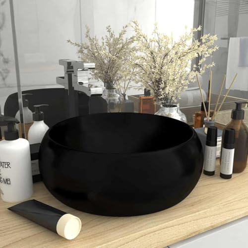 Lavabo a mano per lavabo, di lusso, rotondo, nero opaco, 40 x 15 cm, in ceramica, adatto per bagno, facile da pulire e installare, design moderno