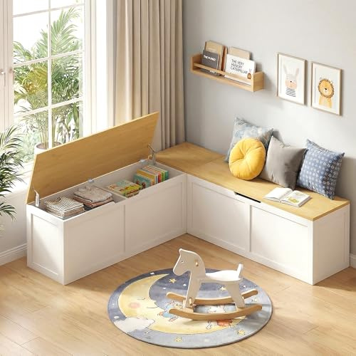 Zevemomo 63 L Shaped Storage Bench, White Breakfast Nook Benches, Corner Storage Bench with Hidden Storage for Dining Room, Kitchen, Entryway