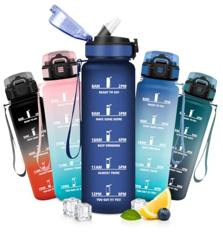 JAPORIA Trinkflasche 1L, Sportflasche mit Strohhalm, Wasserflasche mit Zeitmarkierung, Trinkflasche Kohlensäure Geeignet, Sportflasche für Wandern, Fitness, Camping