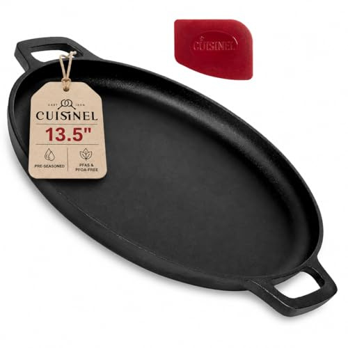 Cuisinel Cast Iron Pizza Pan 13.5-Inch – Pre-Seasoned Round Baking Stone for Oven, Grill & Stovetop – Heavy-Duty Skillet Alternative for Crispy Crust Pizza, Flatbreads & Roasting
