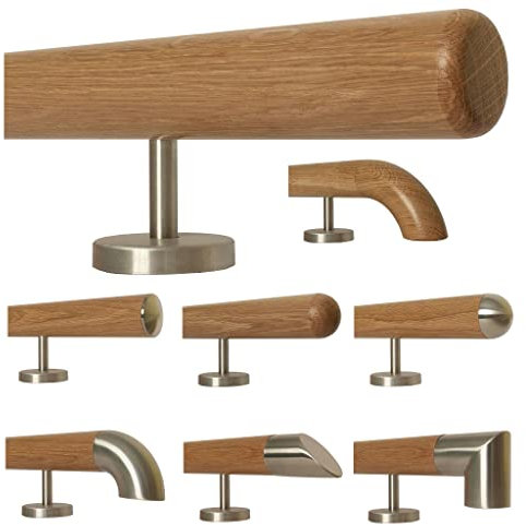 TIBU Eiche Holz Handlauf Geländer 0,3m - 6m, Länge 100 cm, Ende Radius gefräst und 2 gerade Halter