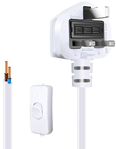EXTRASTAR 13A Fused Power Cable with Switch, Unterminated Bare Raw Ends Mains Power Lead, 1.5 Metre UK Plug Power Cord - White