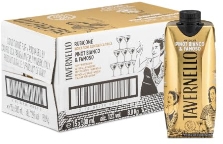 Tavernello White Gold Pinot Bianco Famoso Rubicone IGT, Vino Bianco Delicatamente Aromatico, 12% Vol, Confezione con 15 Brik da 500 ml