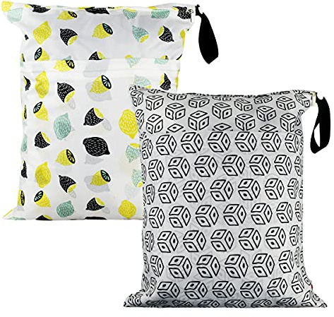 Lot de 2 sacs imperméables réutilisables pour couches en tissu de bébé, sacs de sport, sacs de voyage, poches lavables avec deux poches à fermeture éclair pour couches sales, poussette, yoga, articles