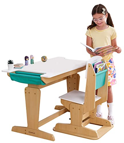 KidKraft Grow Together Mesa Escritorio y Silla Ajustables de Madera para niños con Bolsillo de Almacenamiento, Mesa y Silla Infantil, Muebles para Salas de Juego y Dormitorio de Niños (20307)