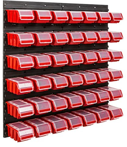 SimpleThing Lagersystem Werkstattregal | 78 x 78 cm | 42 stck. Box | Wandregal mit Stapelboxen - Wandplatten Extra Starke Schüttenregal Warkzeuglochwand Lagerregal Garage Regal (1)