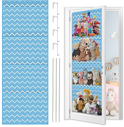 Fumupe Hängeorganizer mit 4 Taschen, Kuscheltier Spielzeug Stofftier Aufbewahrung über der Tür Hängend Hängeaufbewahrung Stofftiernetz oder Hängematte Organizer zum Aufhängen für Kinderzimmer, Blau