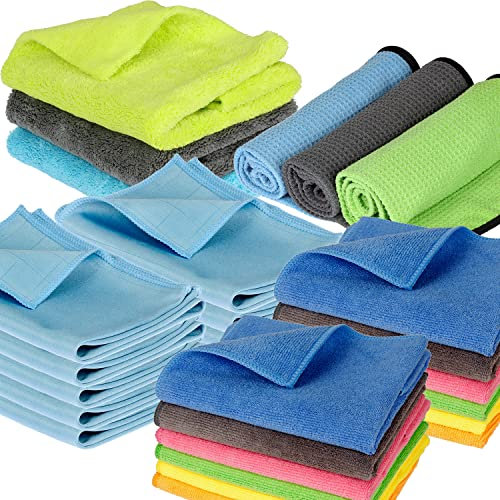 Juego de 28 piezas – Paños de microfibra – Paños de limpieza – Gamuza para pulir cristal para pintura, vidrio, espejo, toalla, salpicadero y llantas – Accesorios de limpieza