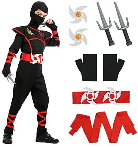 AOMIG Ninja Kostym, Barn Halloween Ninja Fancy Dress Dräkt med Ninja Accessoarer, Warrior Ninja Muscle Costume för pojkar Flickor, Lyx Ninja Rollspel outfit för Halloween Cosplay Theme Party