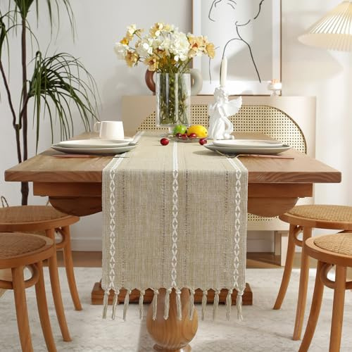 Wracra Camino de Mesa Algodón Lino, Camino de Mesa Café Lavable | 33×230 cm, diseño bordado calado, rústico moderno, resistente al calor, grueso y resistente, comedor, decoración del hogar