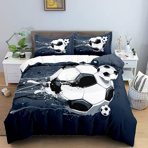 Housse de Couette 140x200 Ballon de Foot Gris Bleu Parure de Lit 1 Personne en Microfibre pour Enfant, 3 Pièces Douce Ensemble de Literie avec Fermeture Éclair et 2 Taies d'oreillers 65x65 cm