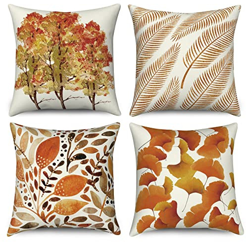 ASDCXZ Herbst Kissenbezug 50x50 cm 4er Set, Golden Blume Blätter Ahorn Sofa Dekokissen Kissenbezüge Kissenhülle Waschbar Polyester Flachs Textil Outdoor Kopfkissenbezug Kissen Bezug
