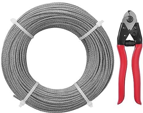 VEVOR Cable Inox 91,5 m Câble Métallique Acier Inoxydable 3,18 mm Fil Suspension 7x7 Brins Résistance Rupture 626 kg avec Coupe-câble pour Rampes d'Escalier Corde à Linge Suspendre Guirlande Lumineuse