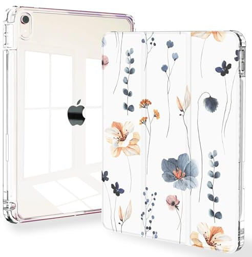 Feams Custodia sottile per iPad Air 11 M3 2025, M2 2024, iPad Air 5° genere 2022, iPad Air 4° genere 2020 10,9 pollici, retro trasparente con portapenne e modalità di sospensione automatica, fiori