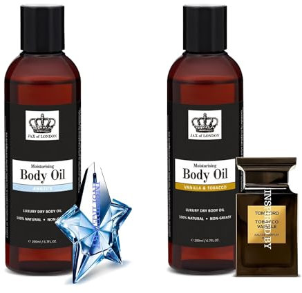 Jax Of London Angels and Tobacco & Vanilla Two Pack Set Body Oil, Inspired Fragrance, for Skin, Body, Hair, Shower, Massage, Firming & Stretch Mark