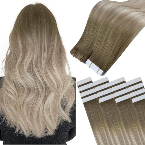 Easyouth Echthaar Extensions Tape Braun Ombre Tape Echthaar Extension Balayage Hellbraun Hellblond Extension Tapes Menschenhaar für Damen #8/18/60 30cm 30g