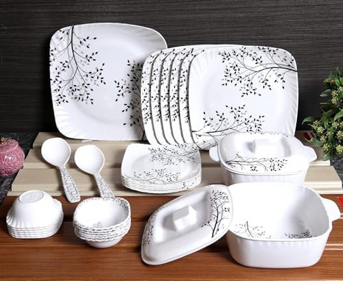 Juego de vajilla redonda de melamina con estampado para cocina, melamina de tamaño completo, 31 piezas, base blanca