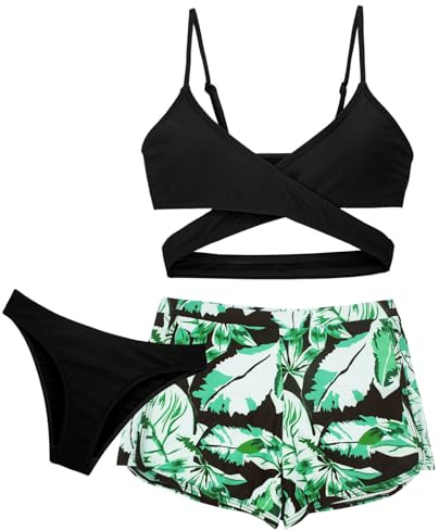 Maeau - Bikini Niña Bañador de Natación Ropa de Baño de 3 Piezas Conjunto de Bikini Verano Short de Baño Hawaiano Piscina Playa - Verde - 12-13 años