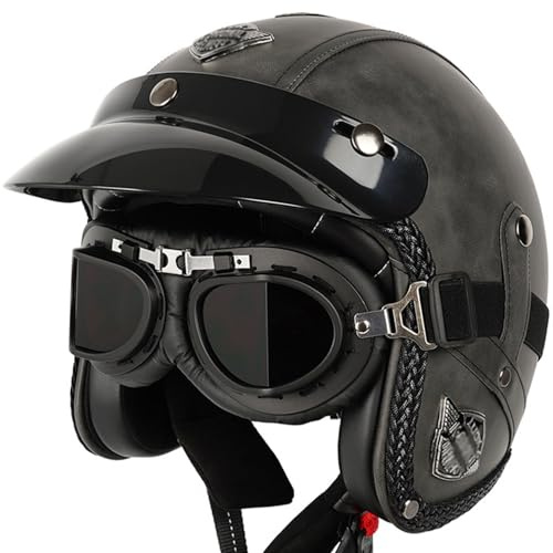 Leder-Jethelm Vintage-Motorradhelm Open Face Leder-Helm Winddichter Motorrad Roller Helm, Mit Brille, ECE Genehmigt Jethelm Für Damen Und Herren 11,M