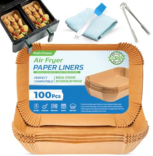 100 PCS Air Fryer Liners | Ninja Air Fryer Liners for Ninja Air Fryer, Baking Paper | Disposable Paper Liners for AF300UK, Tower Air Fryer | Silicone Brush | Microfibre Cloth | Steel Tong