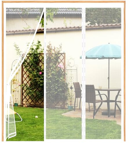 Magnetic Fly Screen Door White, 130(43/44/43) x200cm Magnetic Door Curtain for Keeping Out Flies for Double Doors, Magnets Door Net to Keep Bugs Out, for Patio Door, Sliding Door, French Door