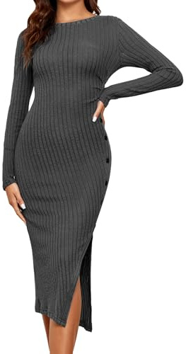 Famulily Women Sweater Shirt Dress Ribbed Long Sleeve Slim Fit Pullover Dresses Winter Warm Long Dress Dark Grey M