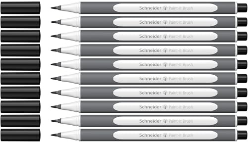 Schneider Brushpen Paint-It 070 Lot de 10 stylos pinceaux de qualité supérieure avec pointe flexible et couleurs vives pour la calligraphie, le lettrage à la main et plus encore Noir