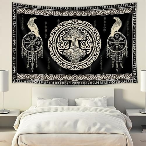 Hajmsug Wikinger-Wandteppich, schwarz-weißer Baum, Vogel der Weisheit, keltische Rune, Totem, nordische Mythologie, mittelalterliche Wikingerwandkunst, ästhetische Mythologie, Wandteppich für