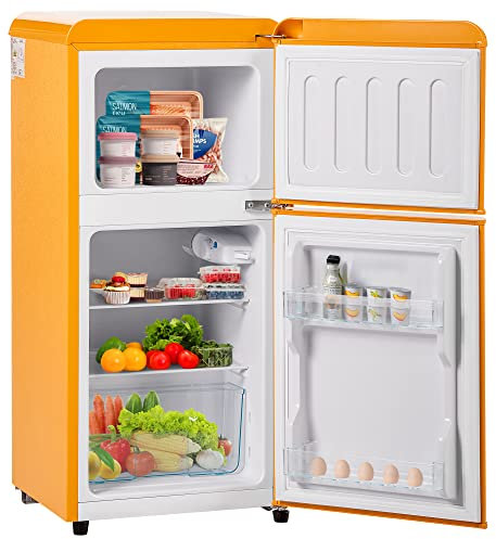 Merax Retro-Kühlschrank mit Gefrierfach, 60 Litern Volumen und 22 Litern Gefrierraum, LED-Licht, Zwei Fächer, 120 kWh/Jahr, Erhältlich in Orange