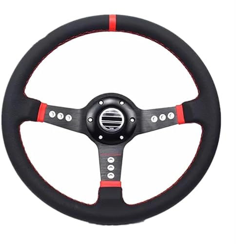 ZiYouao Sportlenkrad Unversal 14inch 350mm Auto Racing Lenkrad Tiefen Trupping Wildleder Slip Sport Lenkrad Holzlenkrad(Red)