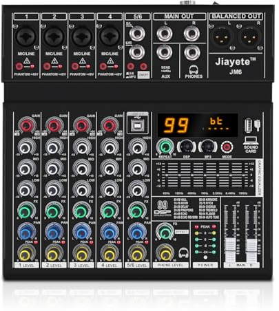 6 Channel DJ Mixer, Professional Audio Mixer, Metal, DSP 99 Preset Effects, Bluetooth Sound Board, 48V Phantom Power, Black USB Xlr Music Streaming Mini Mixing Console, Pa Mixer for PC, Podcast