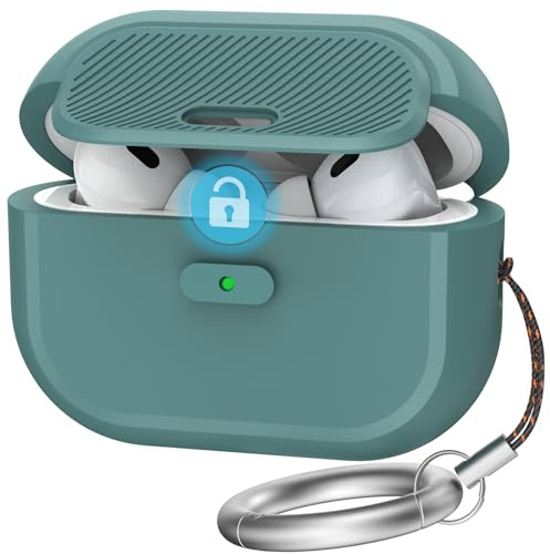 TRONWIN Hülle für AirPods pro 2 mit Verschluss, Einteilige weiche Silikonhülle für AirPods pro 2.& 1. Generation, Fallschutz mit Karabiner & kabelloses Ladenr (Kieferngrün)