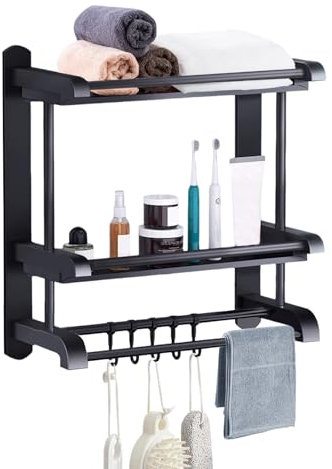Yowmina Etagere Salle de Bain, Etagere Murale, Rangement Salle de Bain à 2 Étages avec 2 Porte-Serviettes, Porte-Serviettes Mural, Organisateur Salle de Bain avec 5 Crochets, Pas de Perçage, Noir