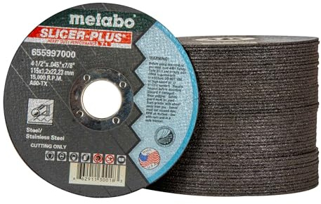 Metabo 655997000 50-Pack | 4-1/2-inch Slicer Plus Cutting Wheel | Type 1 | 4.5 x .045 x 7/8 | A60TX | Zirconia Alumina | Super Performance | Improved Performance in Steel, Stainless Steel
